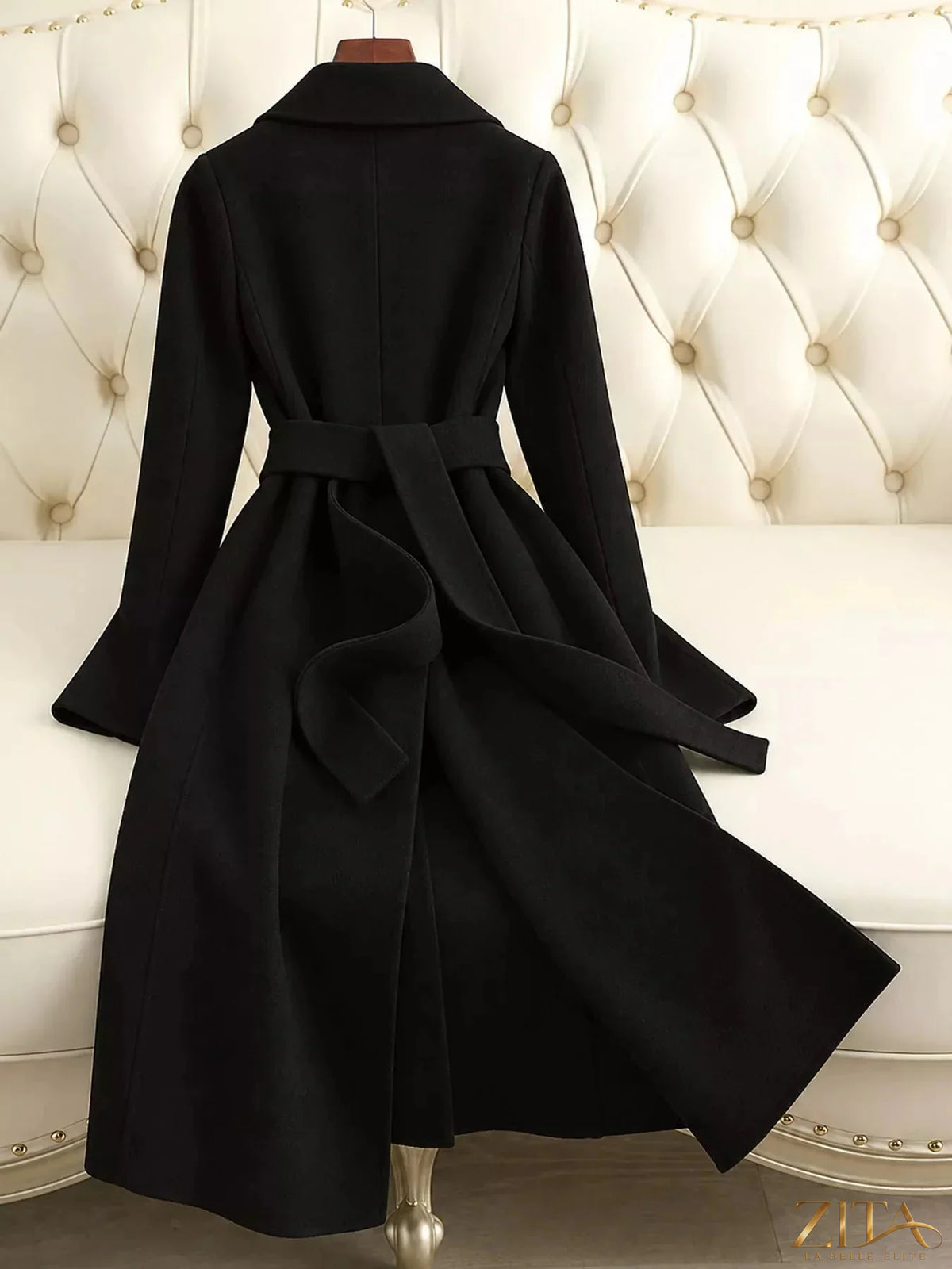 Zita La Belle Elite longline wool coat with waist-defining belt, stylish outerwear for cold weather, in a neutral color.
