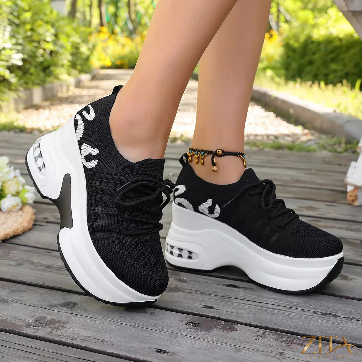Zita La Belle Elite round toe platform sneakers in white with chunky sole and lace-up design, casual footwear for women.