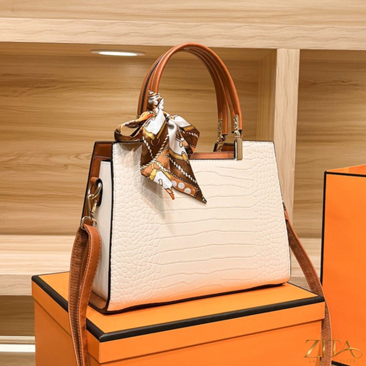 Zita La Belle Elite crocodile embossed top handle handbag with matching scarf and gold-tone hardware, stylish and elegant design.