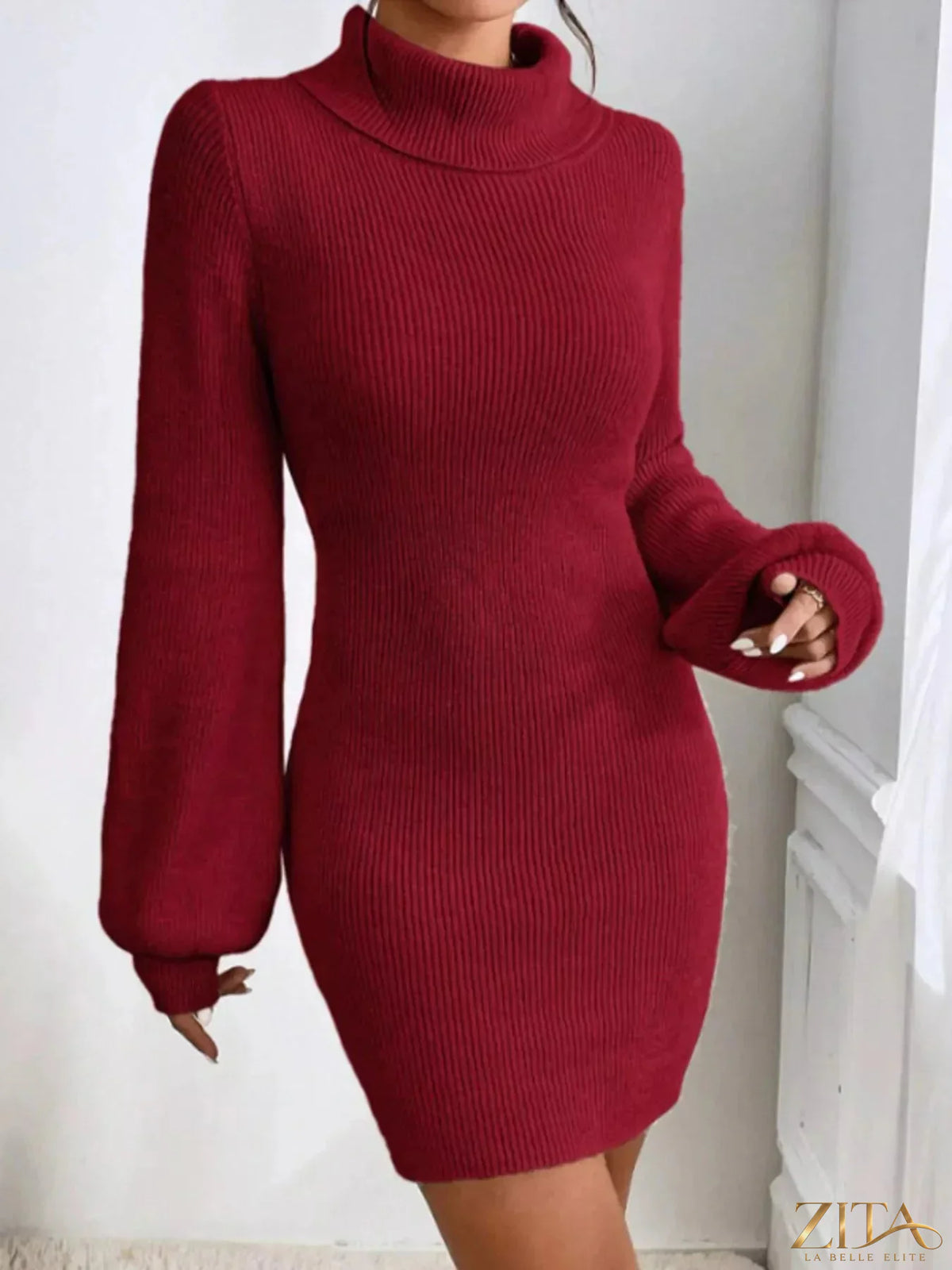 Ribbed knit turtleneck sweater dress by Trendsi, featuring a fitted silhouette and long sleeves in a cozy, textured fabric.