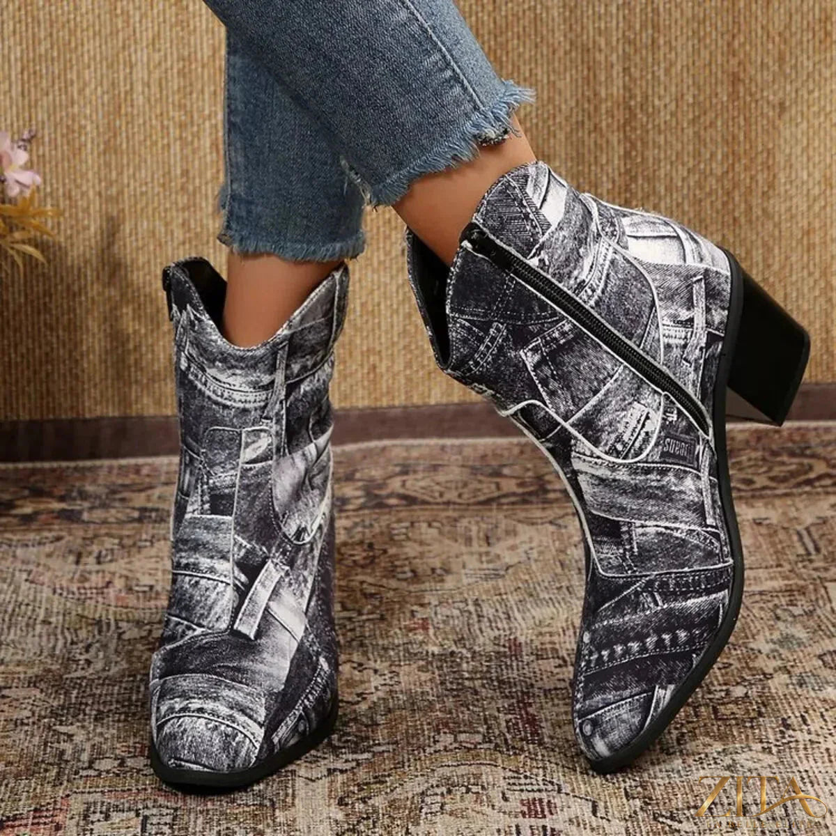 Zita La Belle Elite point toe block heel boots in sleek black leather with stylish ankle height and sturdy heel.