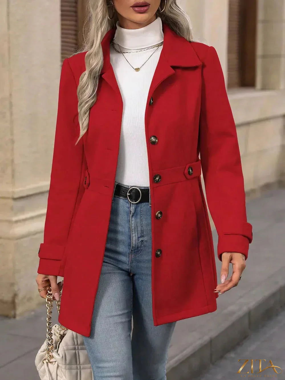 Zita La Belle Elite collared neck button-up coat shown in dark fabric with front buttons and tailored fit.