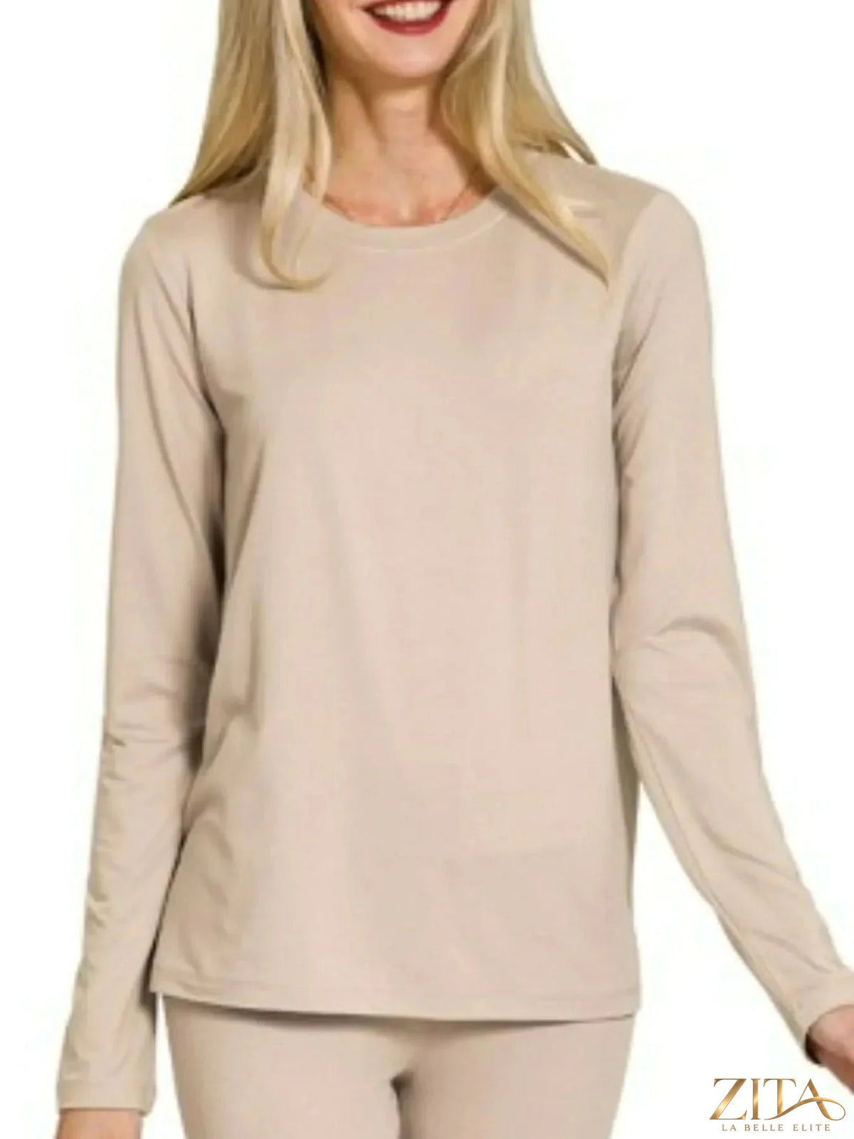Zita La Belle Elite Zenana microfiber round neck top and leggings set, soft fabric, fitted style, in neutral color, casual loungewear.