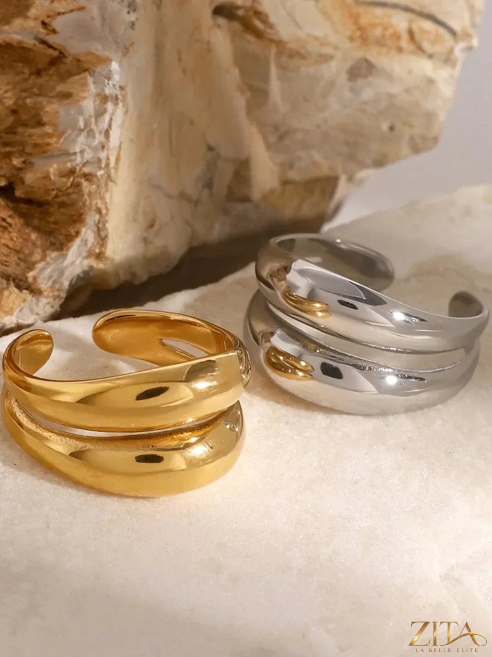 Stainless steel double-layered ring by Zita La Belle Elite featuring sleek, modern design with two overlapping bands.