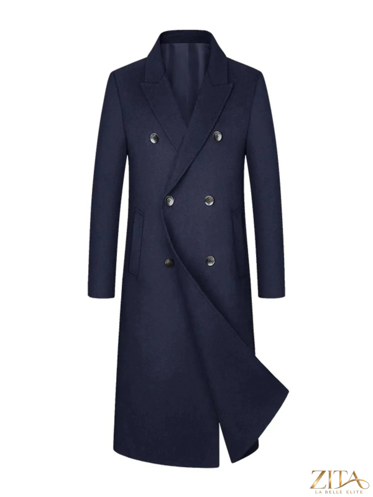 Men's plus size double-breasted longline coat by Zita La Belle Elite, shown in a stylish, tailored design with front buttons and collar.