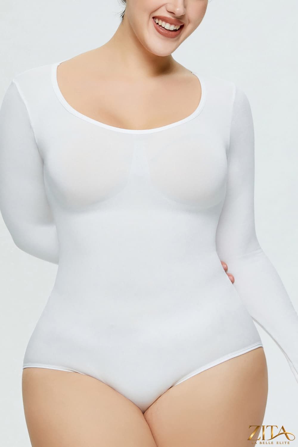 Zita La Belle Elite long sleeve shaping bodysuit shown on a model, highlighting its fitted design and smooth fabric.