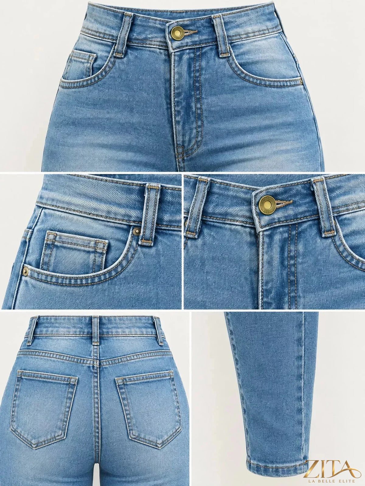 High-waisted sculpting skinny jeans by Zita La Belle Elite featuring a close-up of stretch denim fit and stitching details.