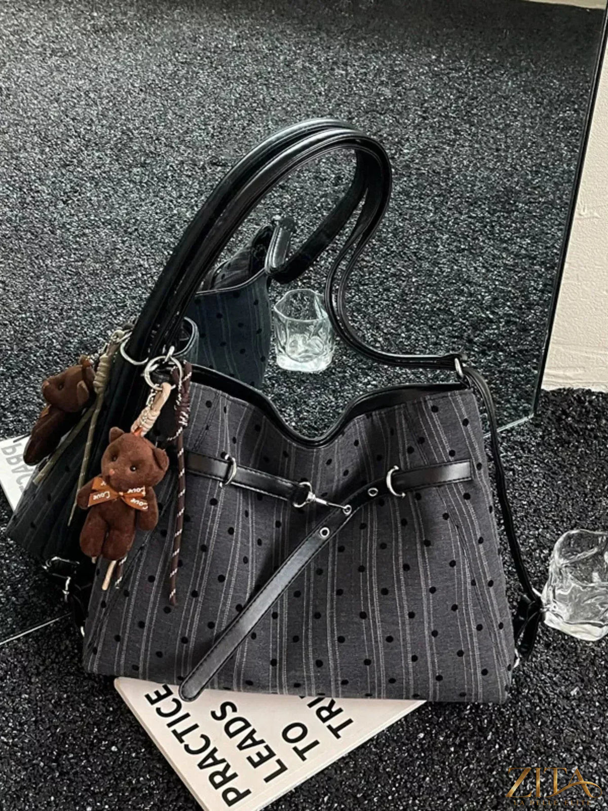 Zita La Belle Elite polka dot shoulder bag with adjustable strap and top zipper closure, featuring a stylish vintage design.