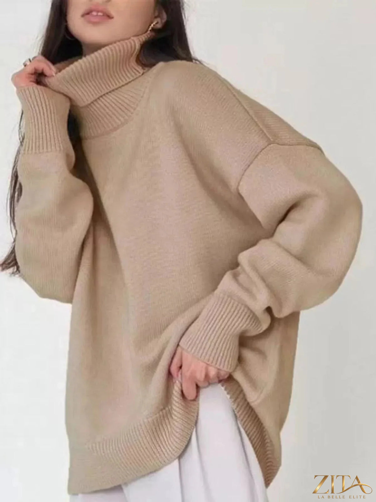 Zita La Belle Elite turtleneck dropped shoulder sweater in cozy knit fabric, featuring a relaxed fit and ribbed collar.