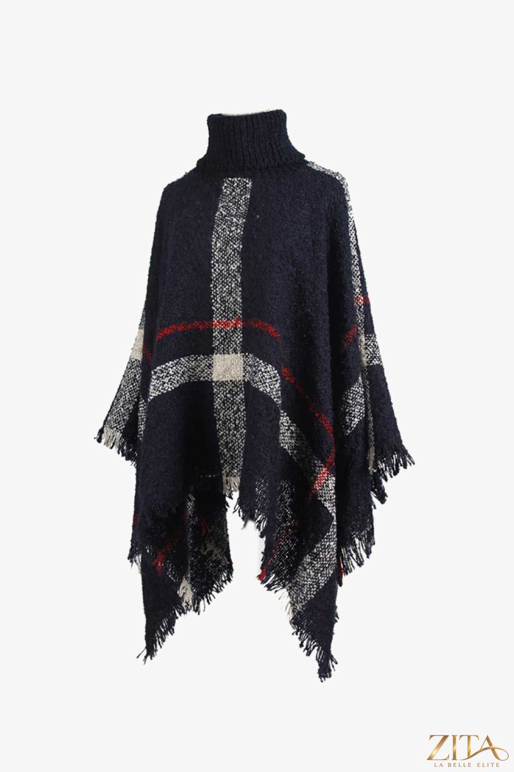 Plaid turtleneck raw hem poncho in warm colors, featuring a cozy oversized fit and stylish design by Trendsi.
