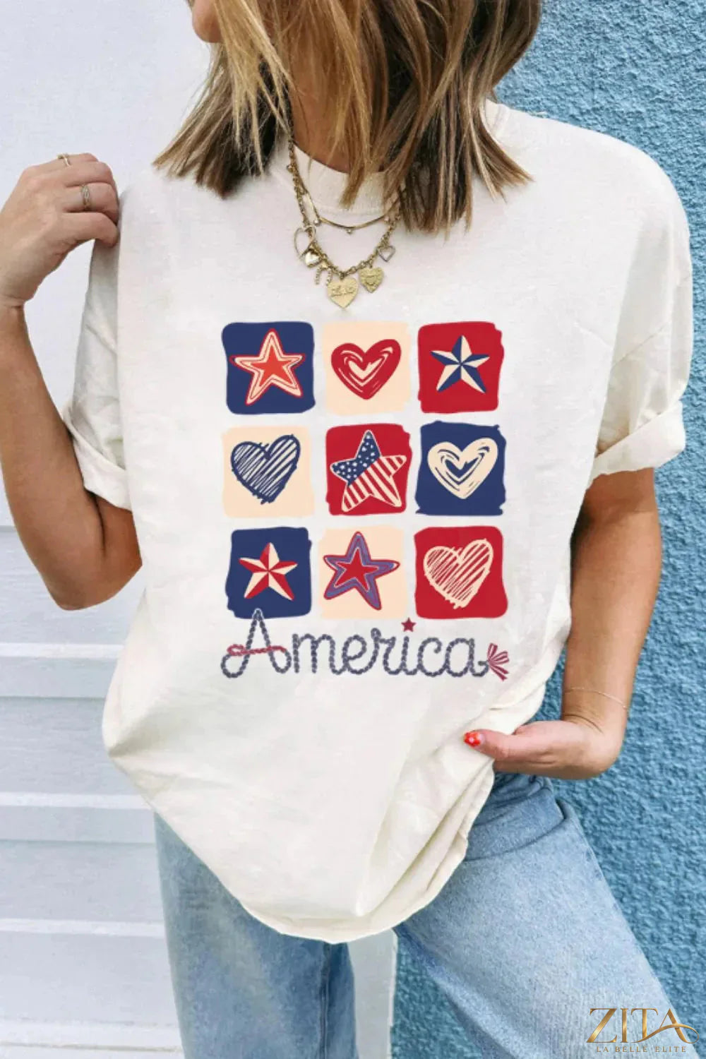 American Heart Star checkered graphic T-shirt by Trendsi featuring a bold star and checkered pattern on soft fabric.