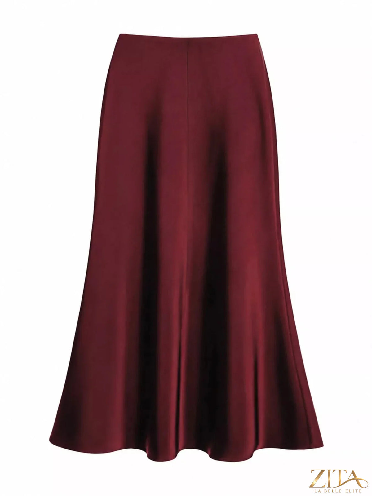 Full size high-waisted satin midi skirt in plus size, featuring a smooth, shiny fabric and a sleek, elegant design.