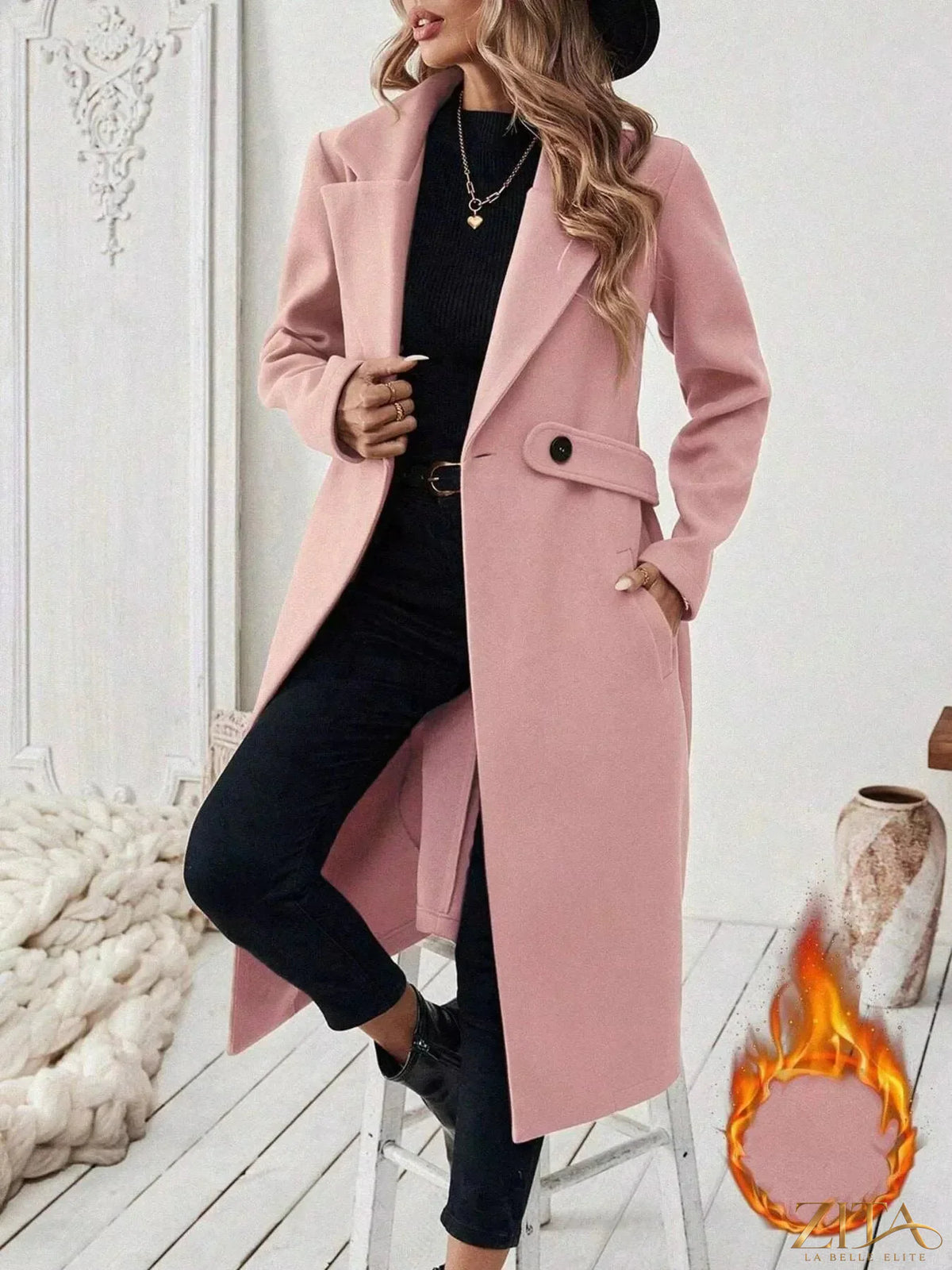 Zita La Belle Elite single-button longline coat in neutral fabric, displayed on a mannequin with a sleek, minimalist design.