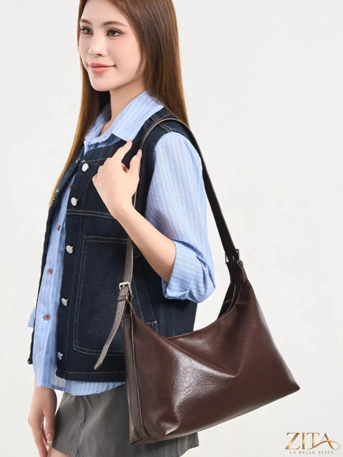 Zita La Belle Elite PU leather hobo crossbody bag with adjustable strap, showcasing its stylish design and soft leather texture.