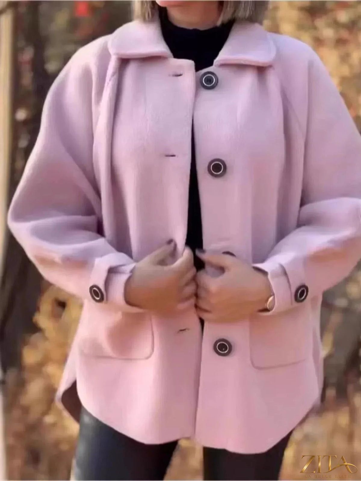Plus size Zita La Belle Elite button-front raglan sleeve coat with a full-size design, shown in a front view.