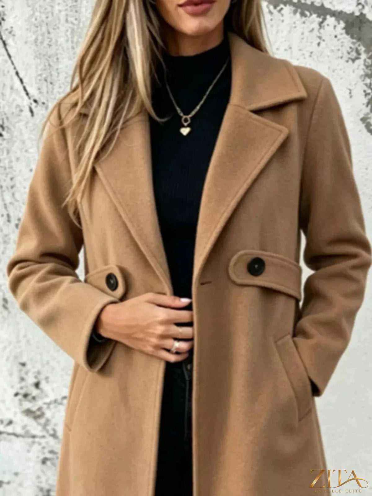 Plus size Zita La Belle Elite longline overcoat with lapel collar, full size, stylish and warm outerwear for cold weather.