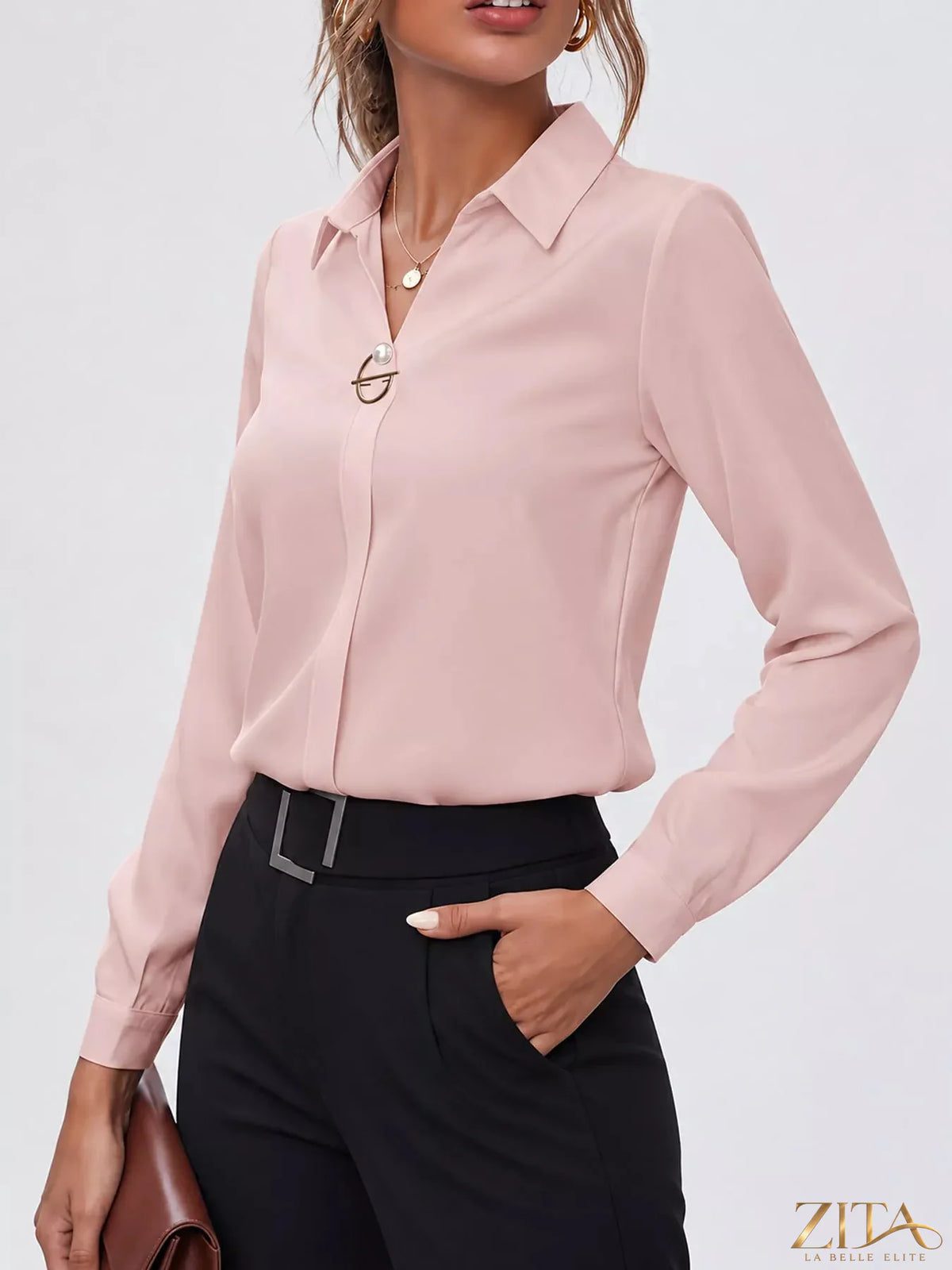 Long sleeve satin blouse by Zita La Belle Elite, featuring a smooth, shiny fabric and elegant fit.