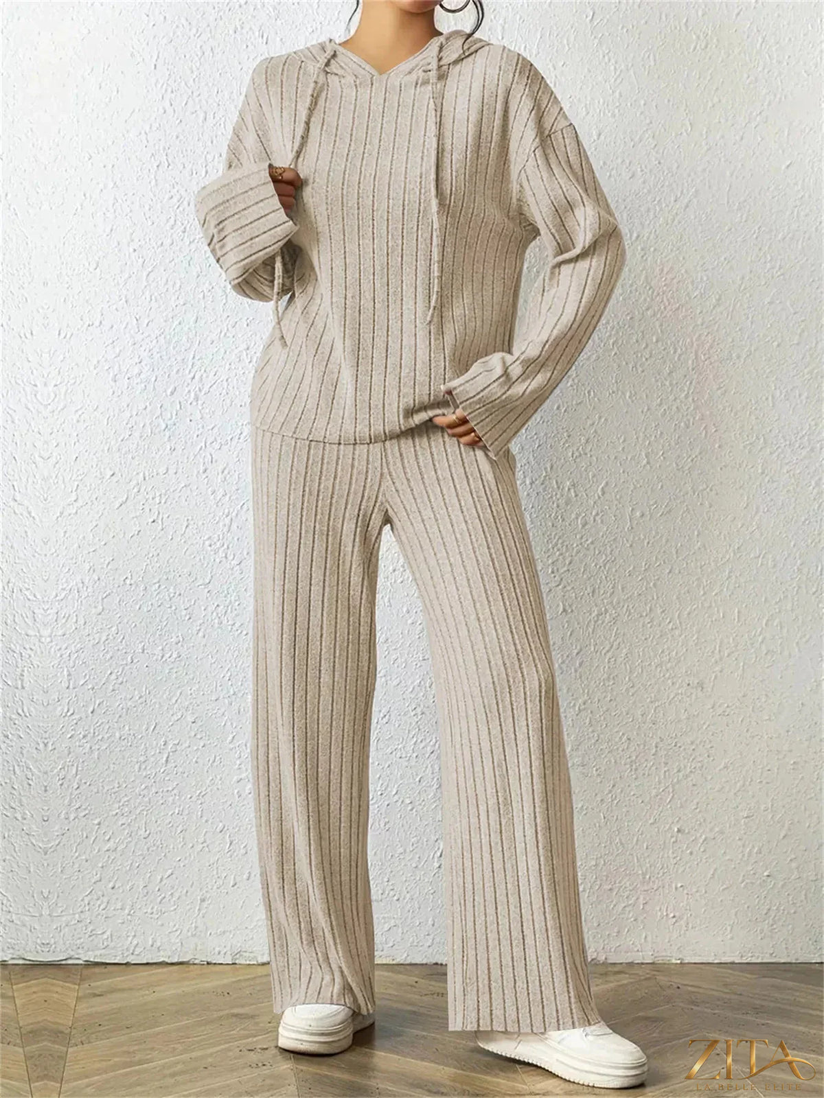 Zita La Belle Elite ribbed drawstring hoodie and pants set in soft fabric, shown with the hoodie and pants laid flat.
