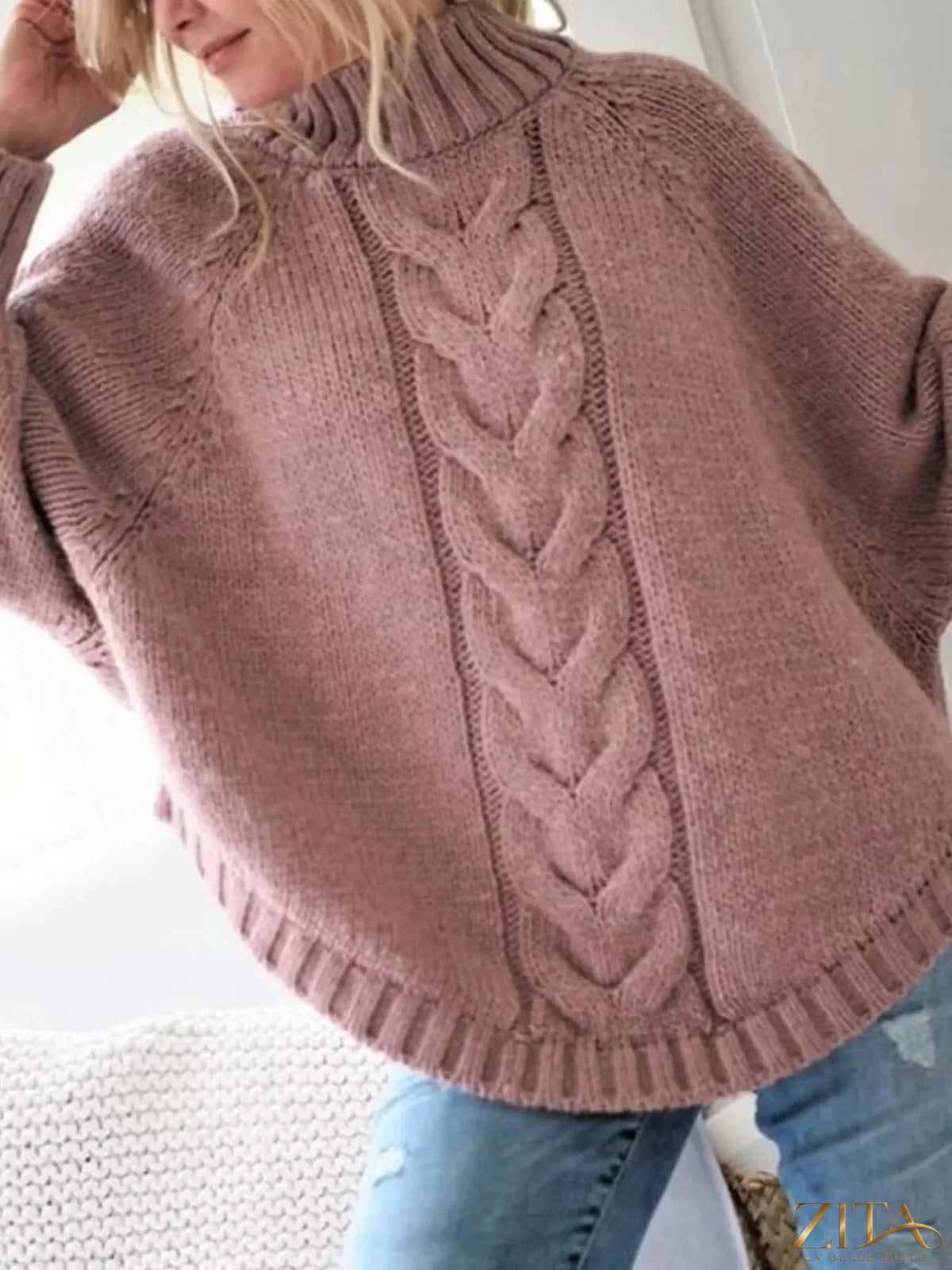 Zita La Belle Elite cable-knit long sleeve sweater in cozy knit fabric, featuring a classic design with a round neckline.
