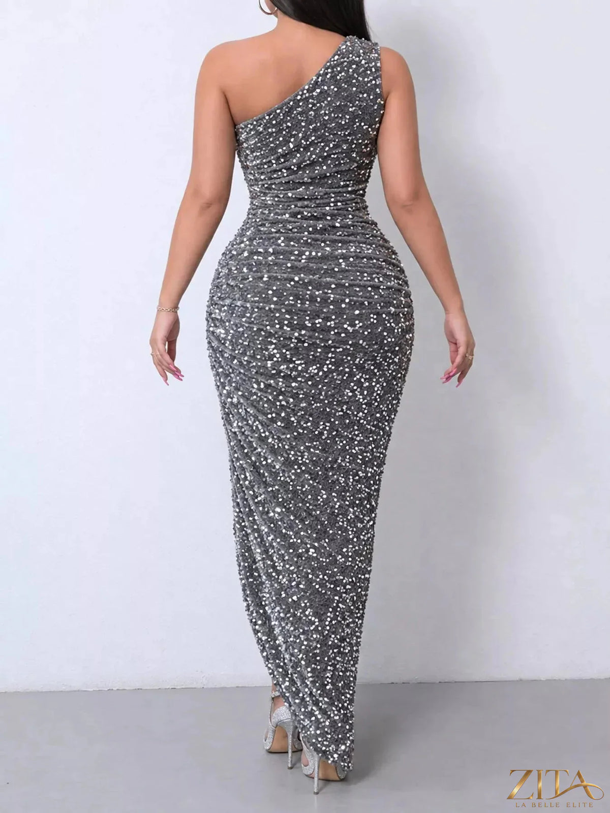 Zita La Belle Elite one-shoulder ruched sequin evening dress with high slit, elegant and glamorous for formal events.