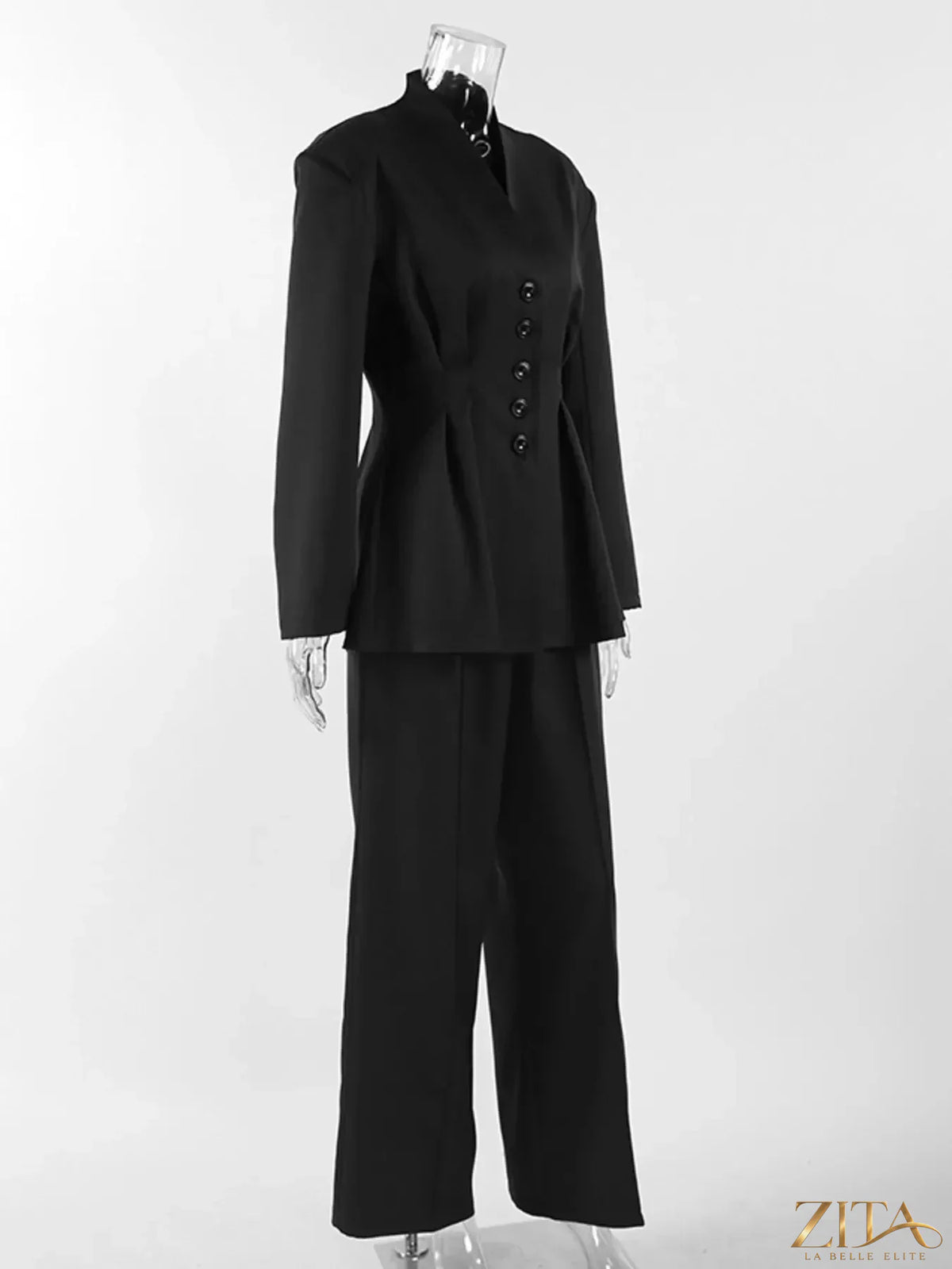 Zita La Belle Elite chic button-down pleated blazer and wide-leg pants suit set, stylish and elegant for professional or formal wear.