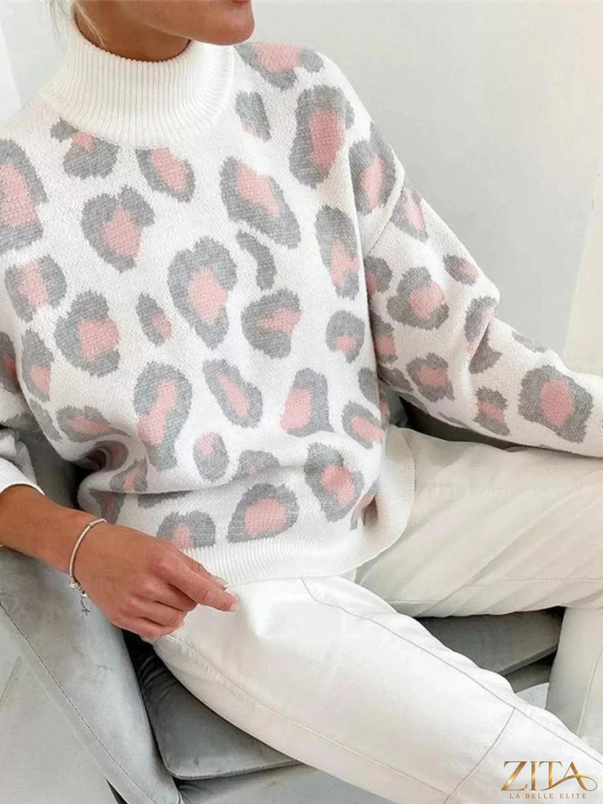 Leopard print high neck sweater by Zita La Belle Elite, featuring a cozy knit design and stylish animal print pattern.