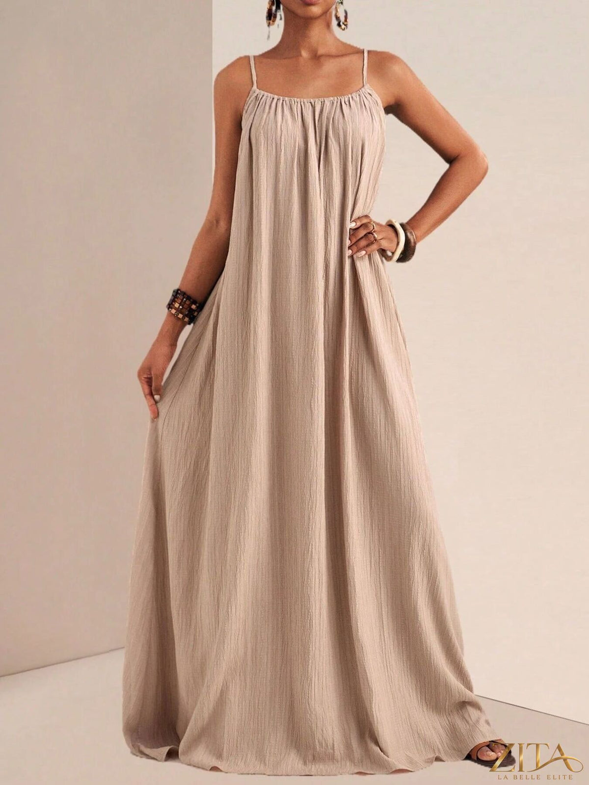 Zita La Belle Elite spaghetti strap flowy maxi dress in soft fabric, featuring a relaxed fit and elegant design.