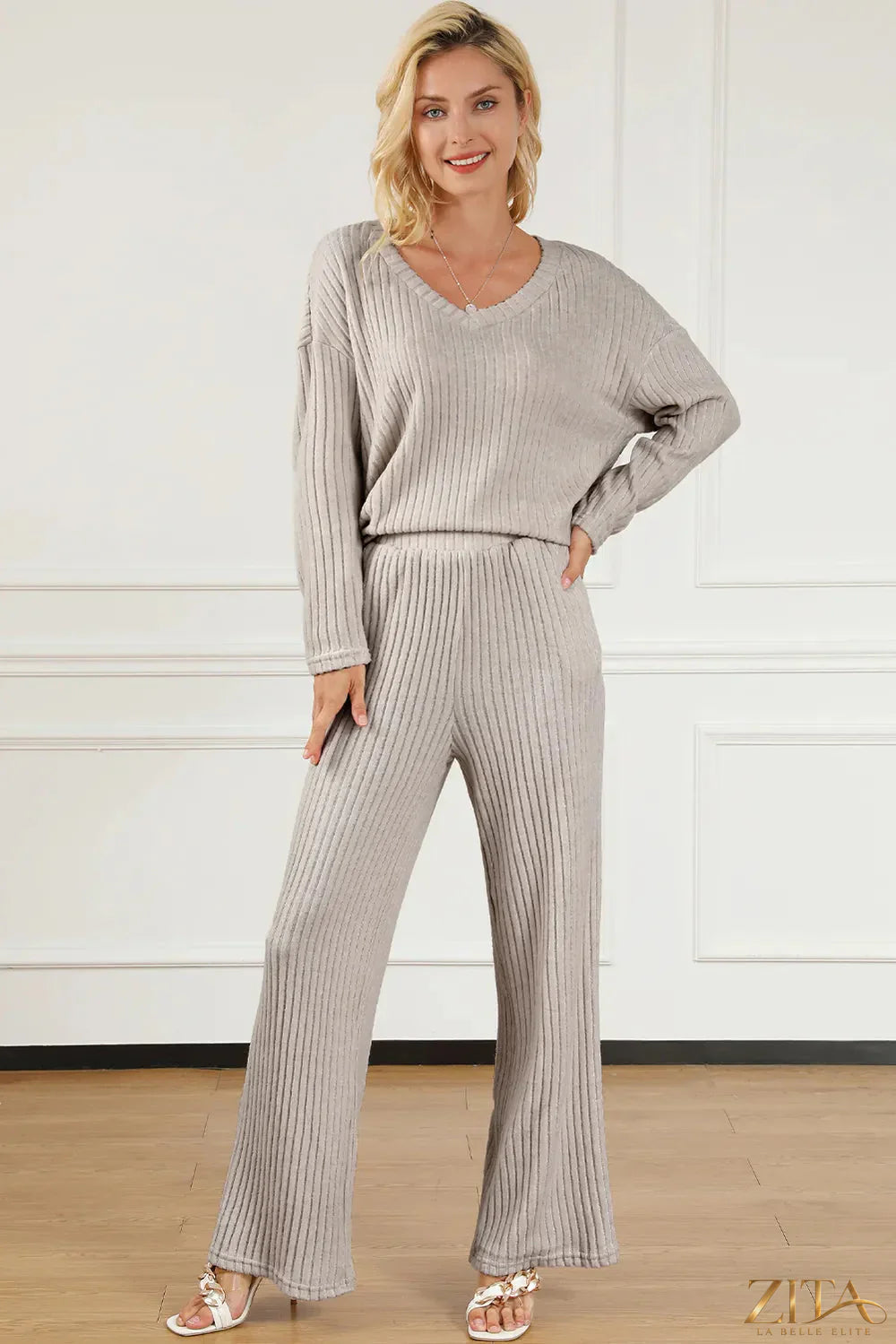 Zita La Belle Elite ribbed V-neck top and matching lounge pants set, soft and comfortable knit fabric, stylish loungewear.