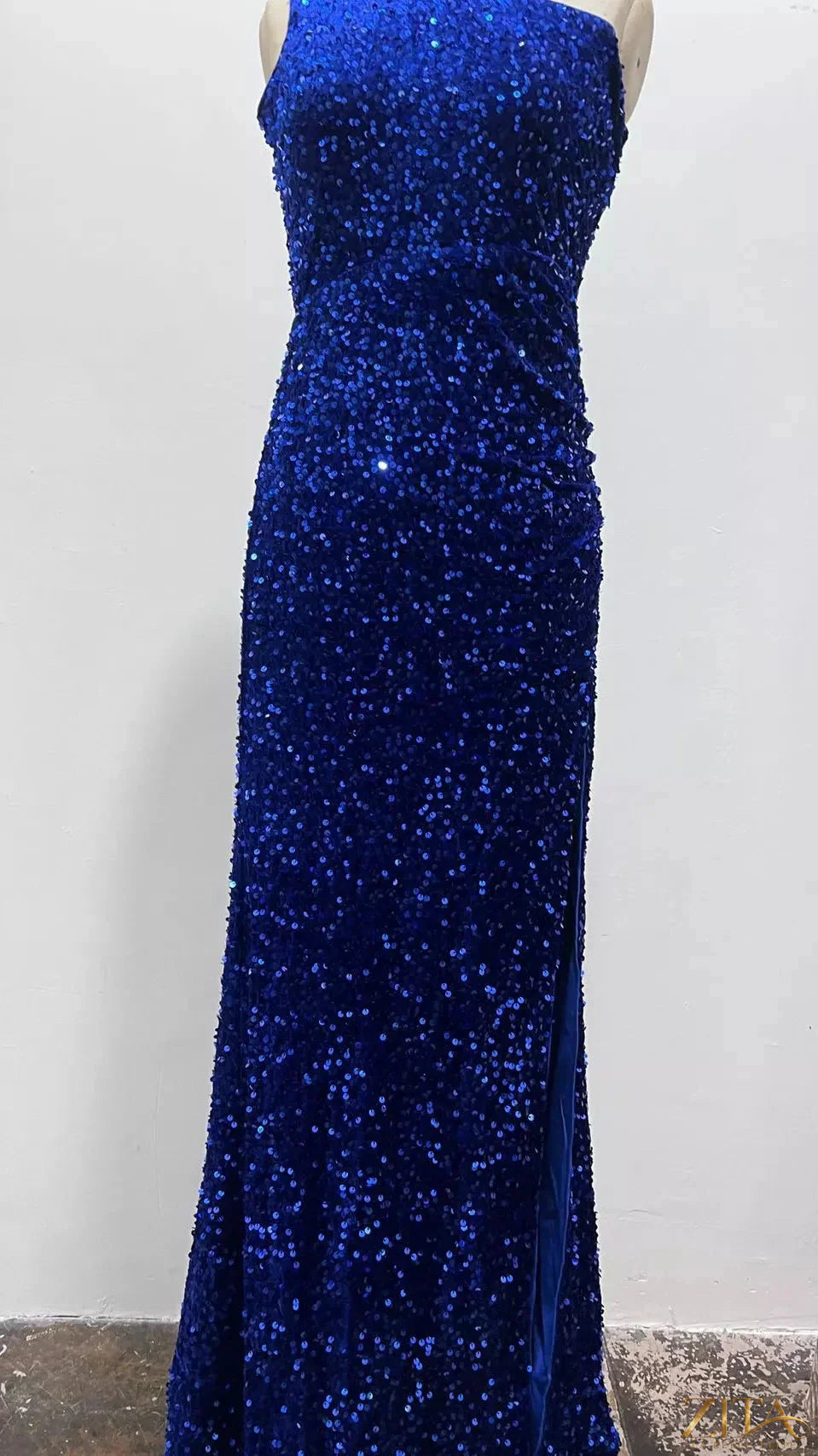 Zita La Belle Elite one-shoulder ruched sequin evening dress with high slit and elegant design, perfect for formal occasions.