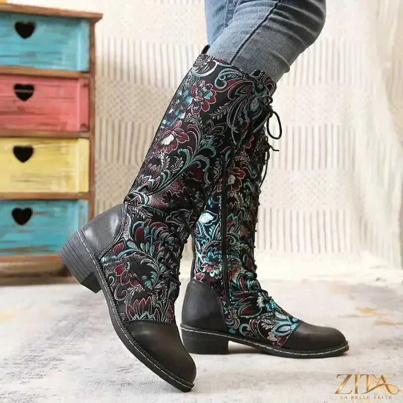 Zita La Belle Elite embroidered lace-up knee-high boots with intricate lace details and stylish design.
