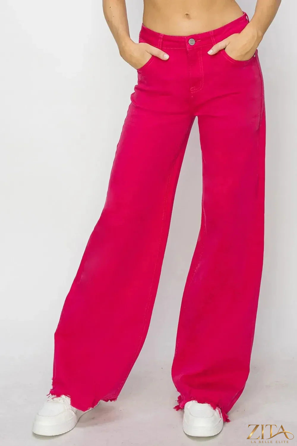 Zita La Belle Elite RISEN high rise wide leg jeans in denim, showing the fit and style with a focus on the waistband and leg opening.