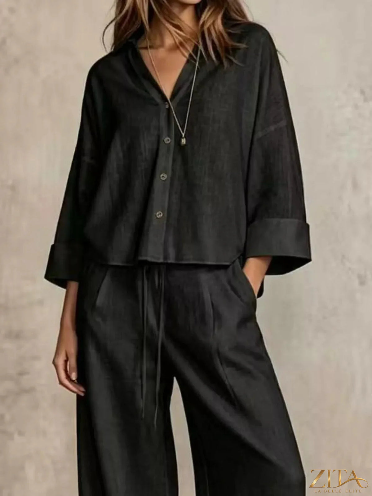 Plus size Zita La Belle Elite button-down shirt and wide-leg pants set, featuring a stylish, comfortable coordinated outfit.