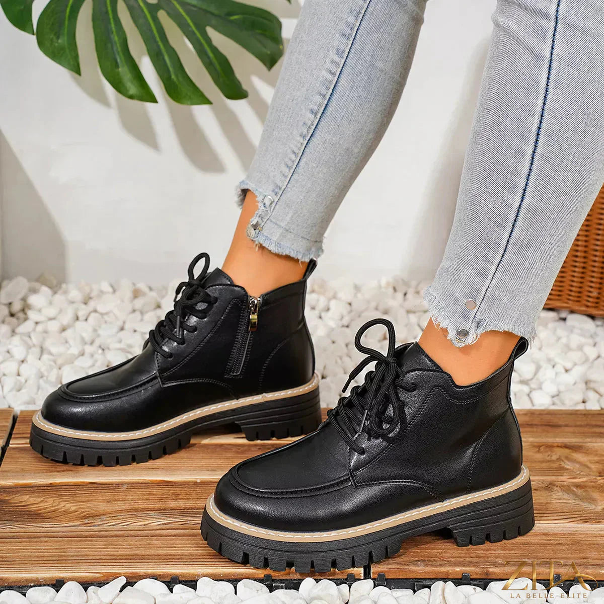 Zita La Belle Elite chunky lace-up combat boots with thick soles and rugged leather appearance.