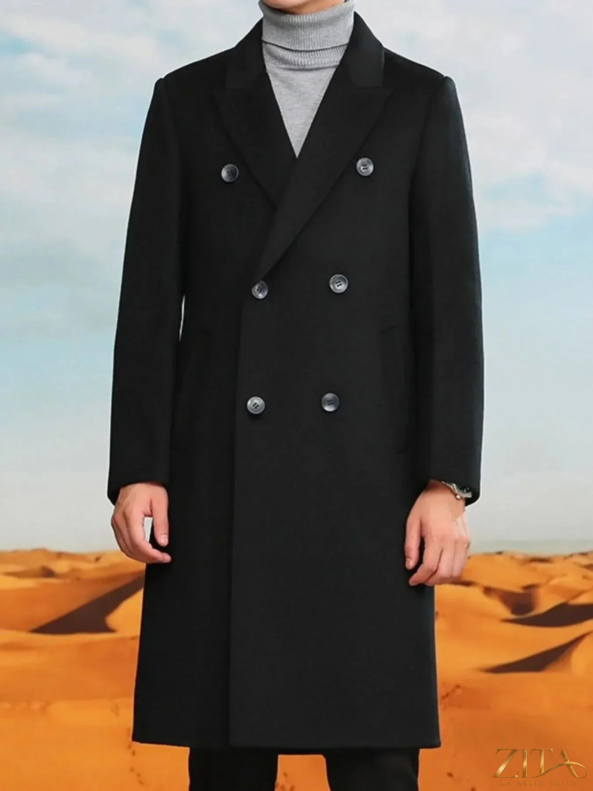Men's plus size double-breasted long wool coat by Zita La Belle Elite, front view showing tailored fit and classic design.