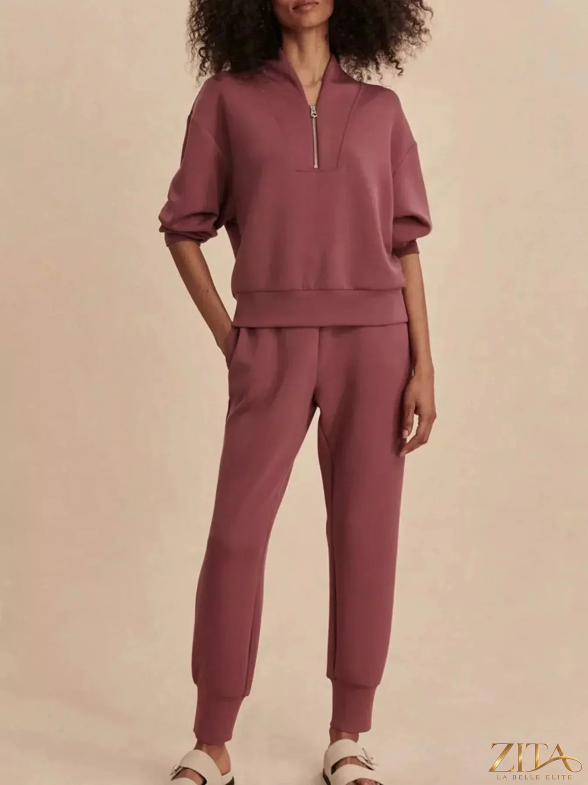 Zita La Belle Elite quarter-zip sweatshirt and wide-leg pants set in soft fabric, shown in a stylish, casual fit.