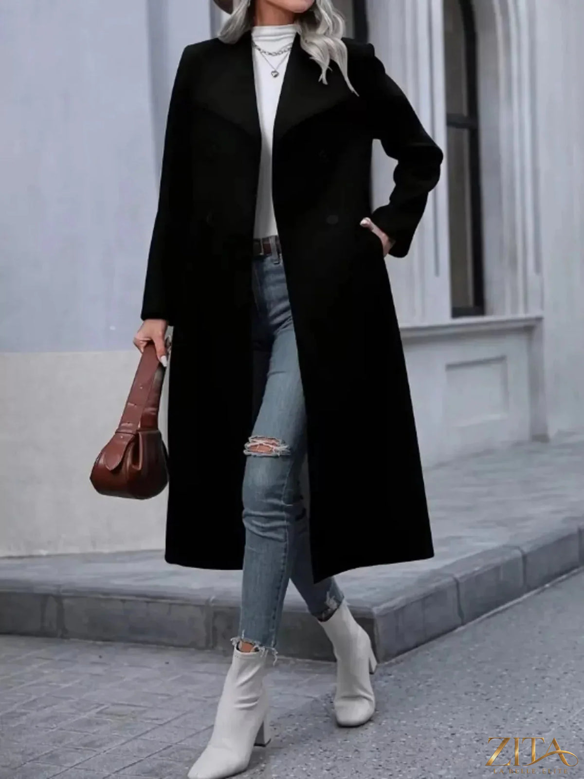 Zita La Belle Elite double-breasted longline overcoat in dark fabric, featuring wide lapels and tailored fit, full-length view.