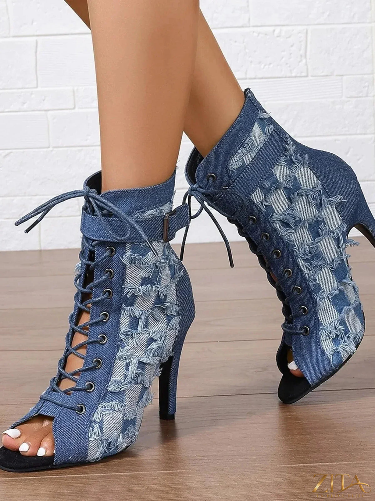 Distressed denim lace-up peep toe ankle boots by Zita La Belle Elite, featuring a rugged style and open toe design.