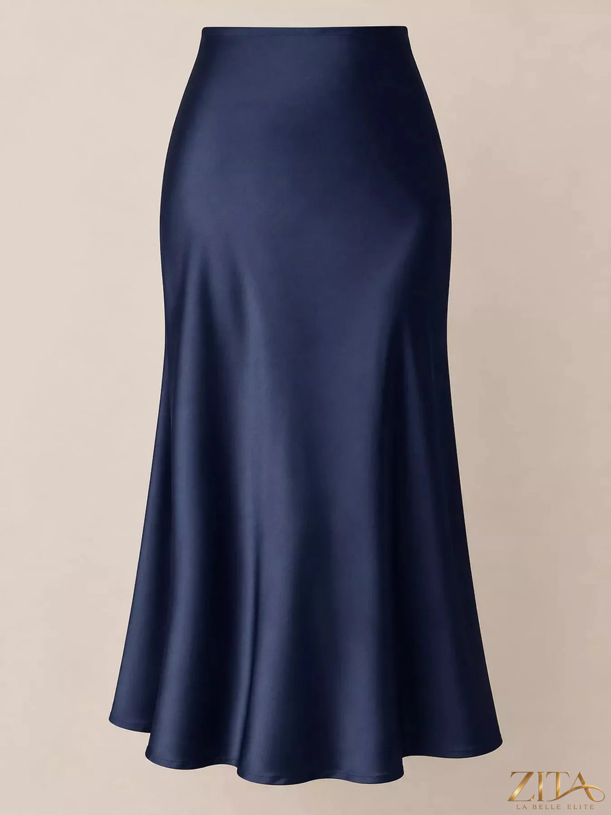 High-waisted satin midi skirt in a smooth, shiny fabric with a flowing silhouette, styled with a fitted waistband.