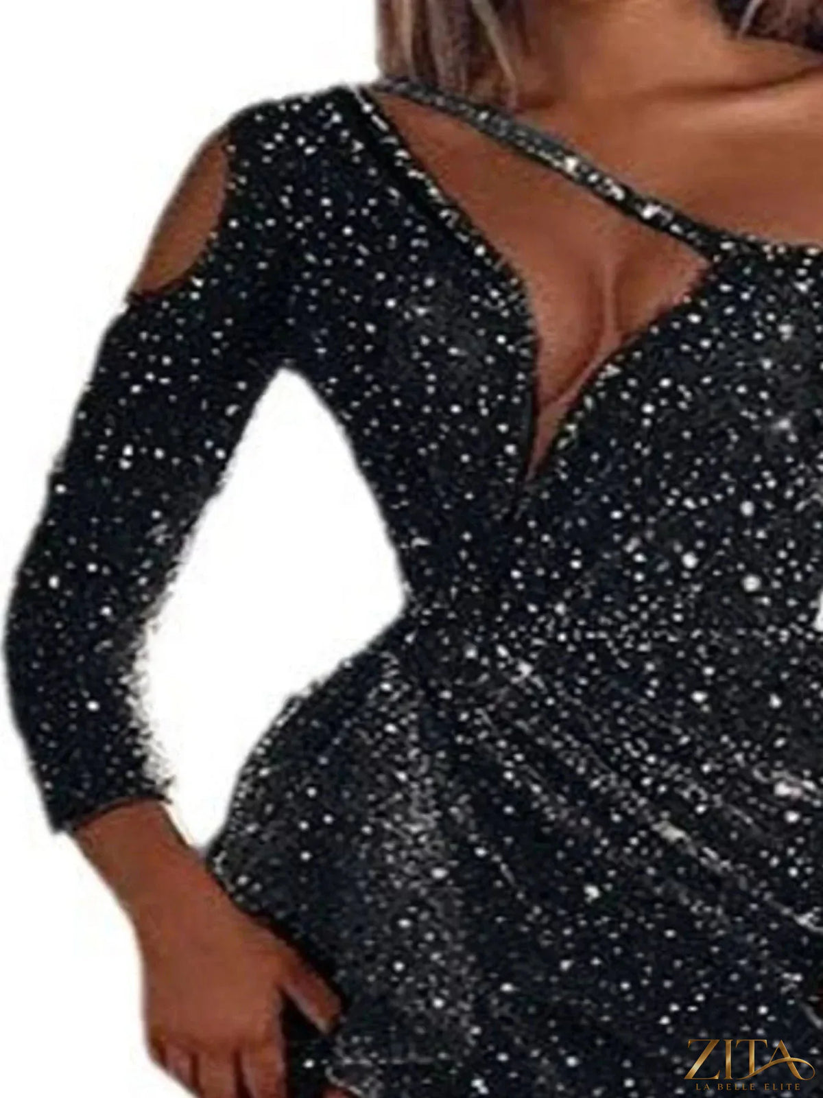 Plus size Zita La Belle Elite sequin one-shoulder evening dress with high slit and elegant design, shown from the front.