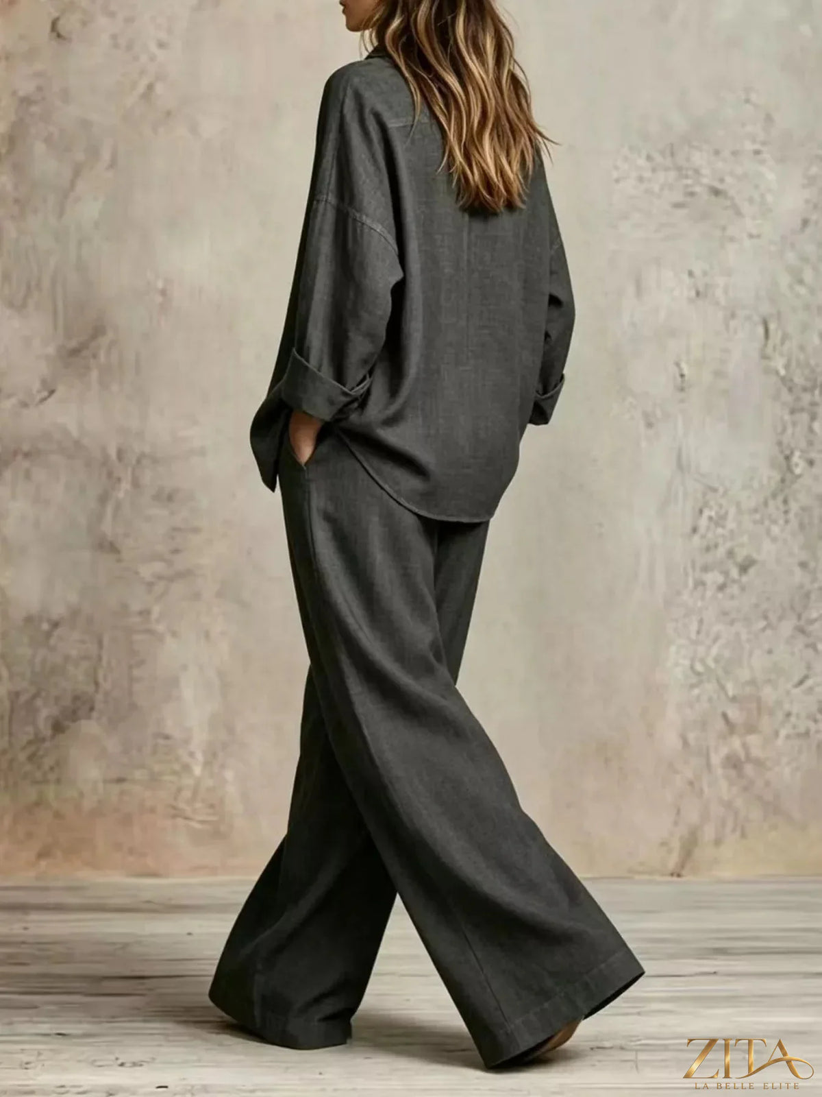 Plus size Zita La Belle Elite button-down shirt and wide-leg pants set, featuring a relaxed fit and stylish design.