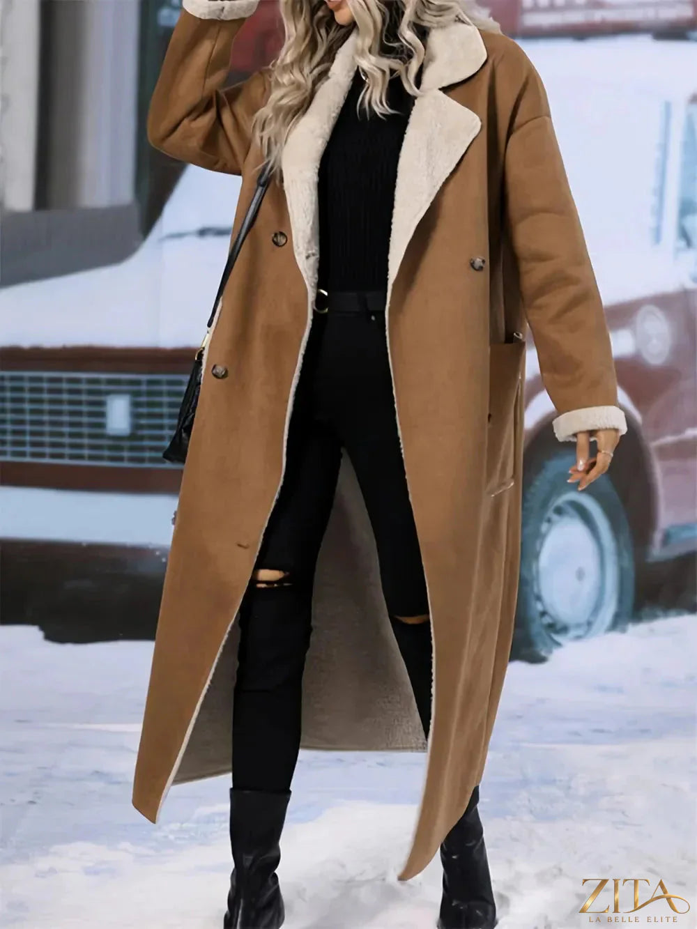 Plus size Zita La Belle Elite sherpa longline coat with drop shoulder design, cozy fleece interior, and stylish oversized fit.