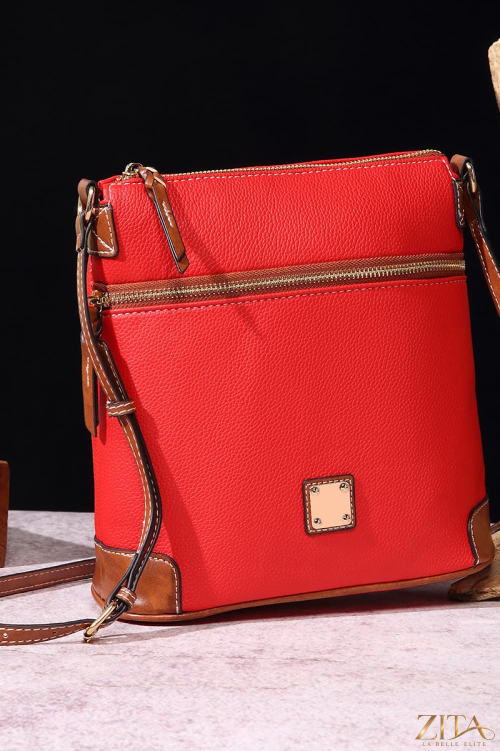 Zita La Belle Elite PU leather crossbody bag with adjustable strap and gold-tone hardware, stylish and compact for everyday use.