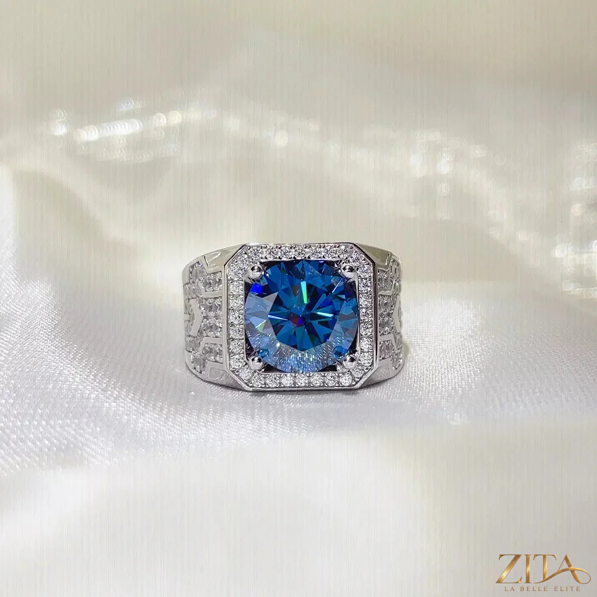 Sterling silver moissanite ring with a 5-carat center stone, featuring a sleek band and sparkling gemstone for elegant jewelry.