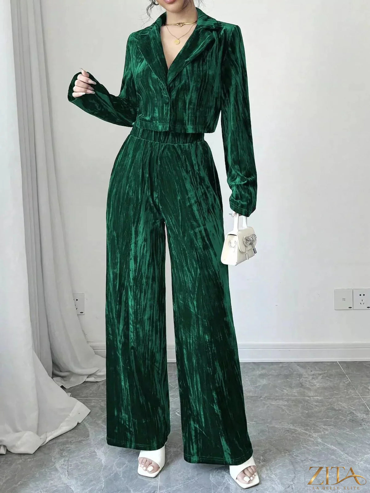 Zita La Belle Elite pleated velvet blazer and wide-leg pants set, shown in deep burgundy with tailored fit and stylish design.