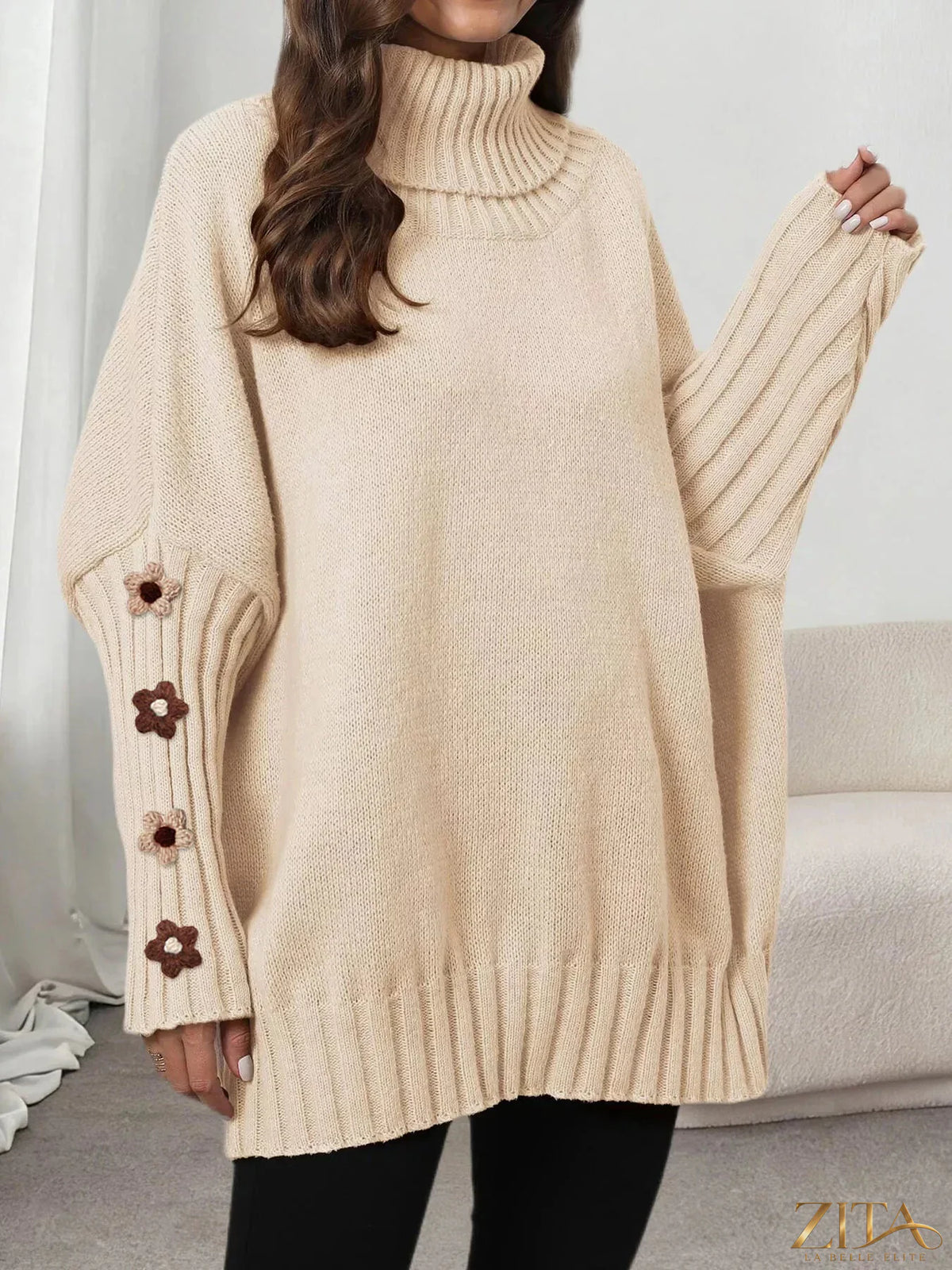 Zita La Belle Elite oversized turtleneck sweater with floral applique sleeves, cozy knit design, in a stylish, relaxed fit.