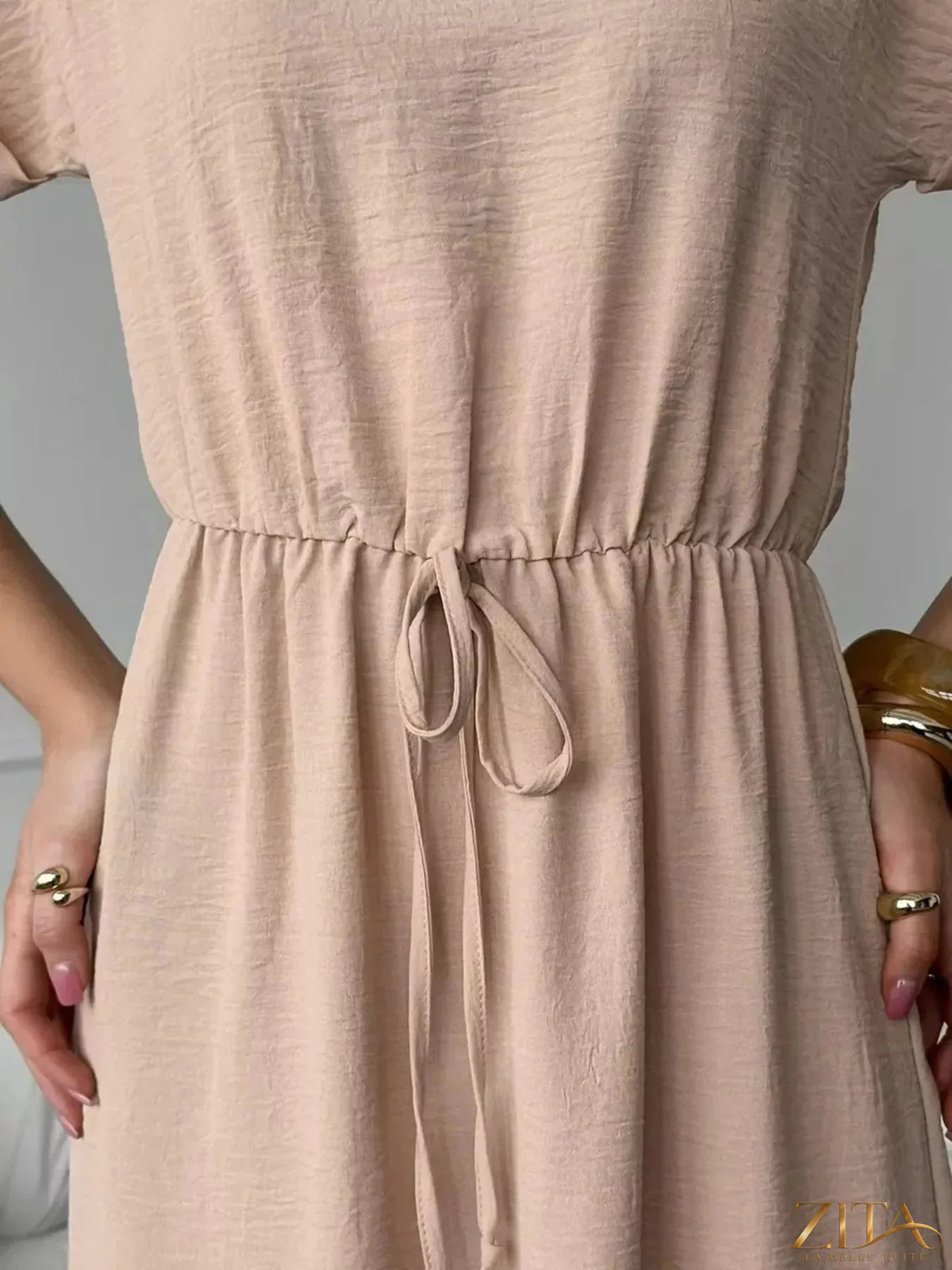 Zita La Belle Elite casual midi dress with drawstring waist, lightweight fabric, and relaxed fit, perfect for everyday wear.