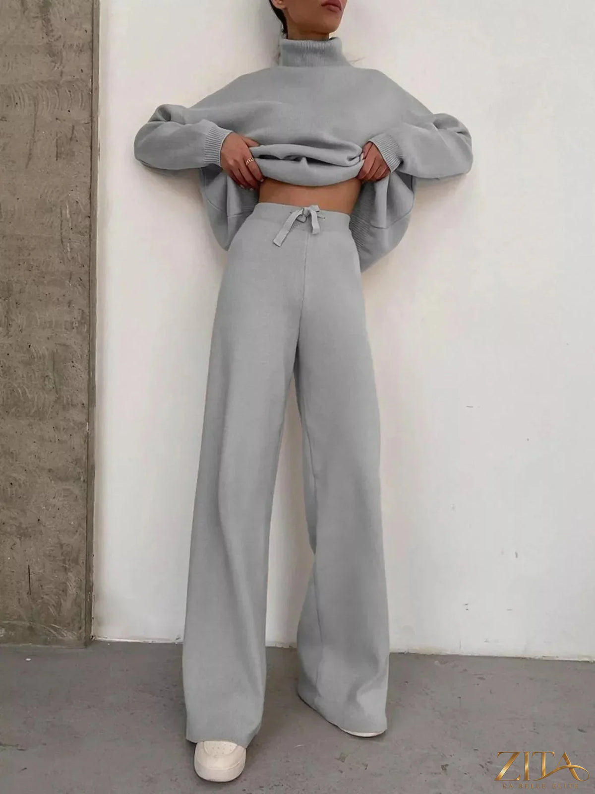 Plus size Trendsi turtleneck long sleeve sweater top and matching pants set, cozy and stylish for cold weather.