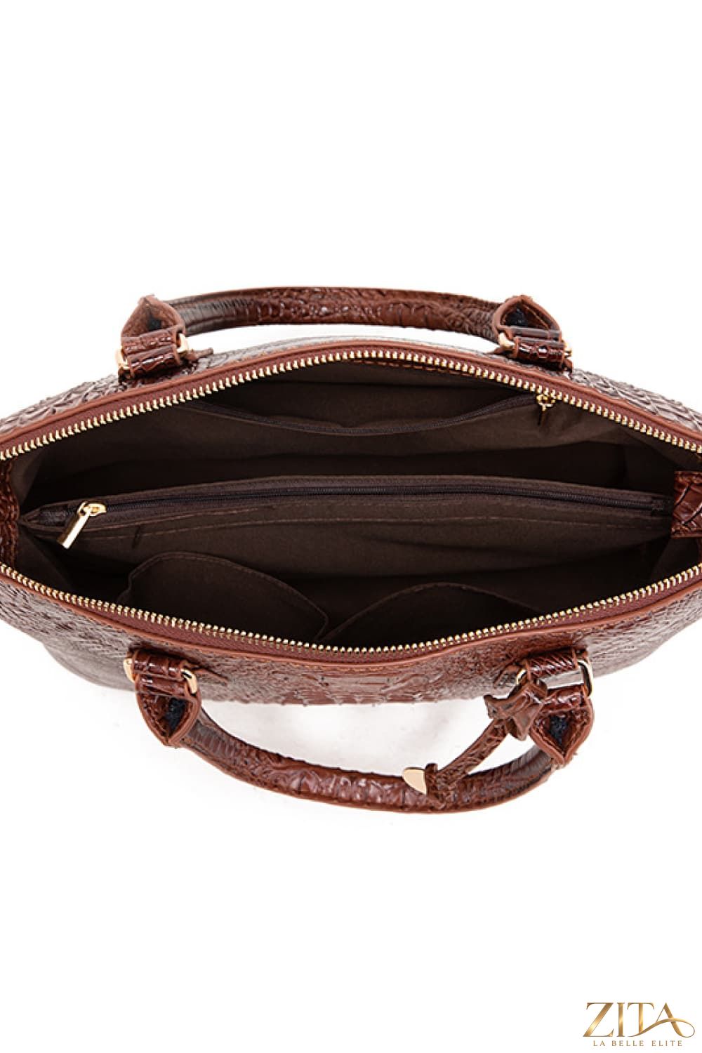 Zita La Belle Elite PU leather handbag with gold-tone hardware, featuring a structured design and top handle for stylish carrying.