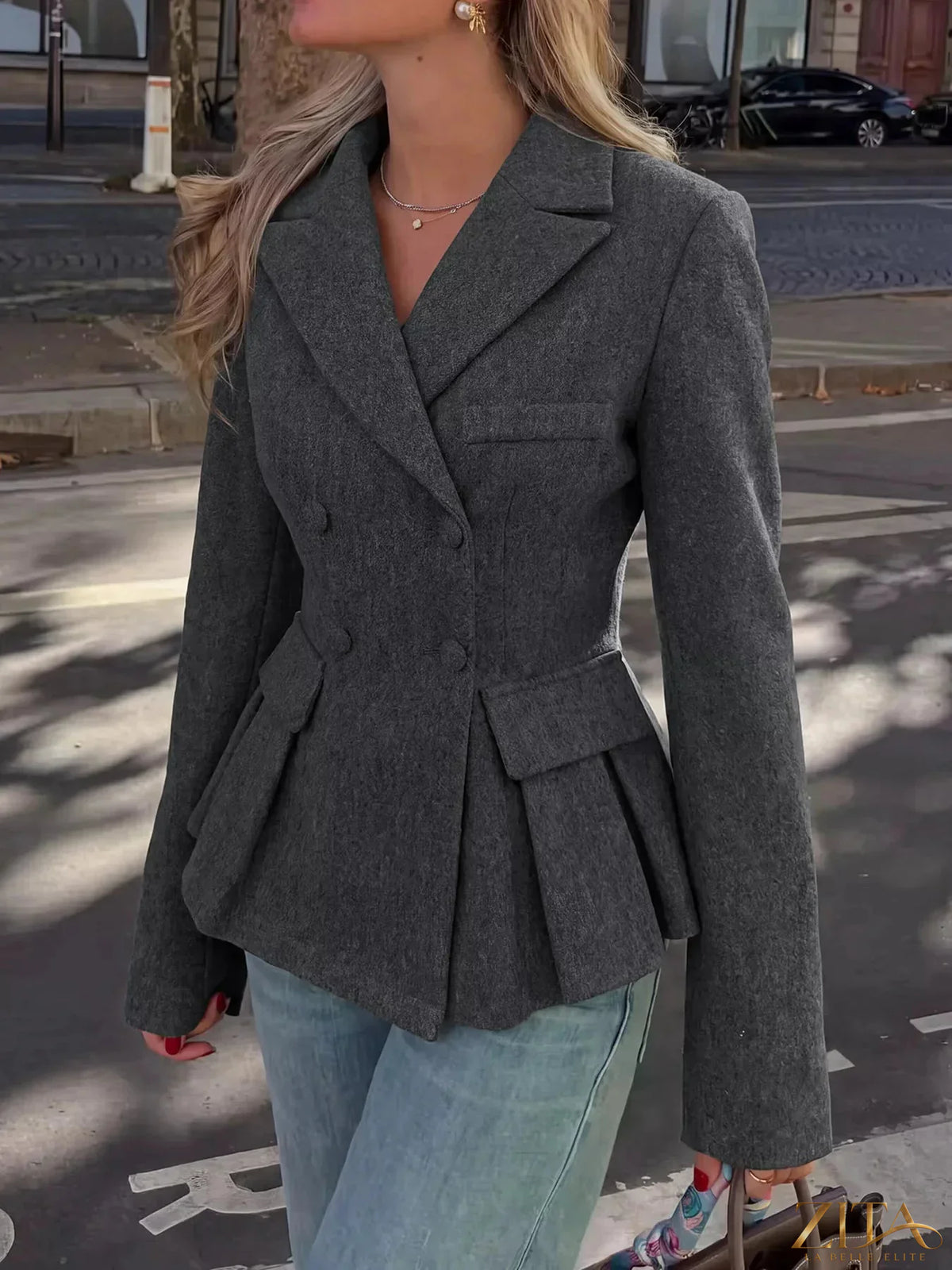 Zita La Belle Elite double-breasted peplum blazer in black, tailored fit with gold buttons and structured lapels.