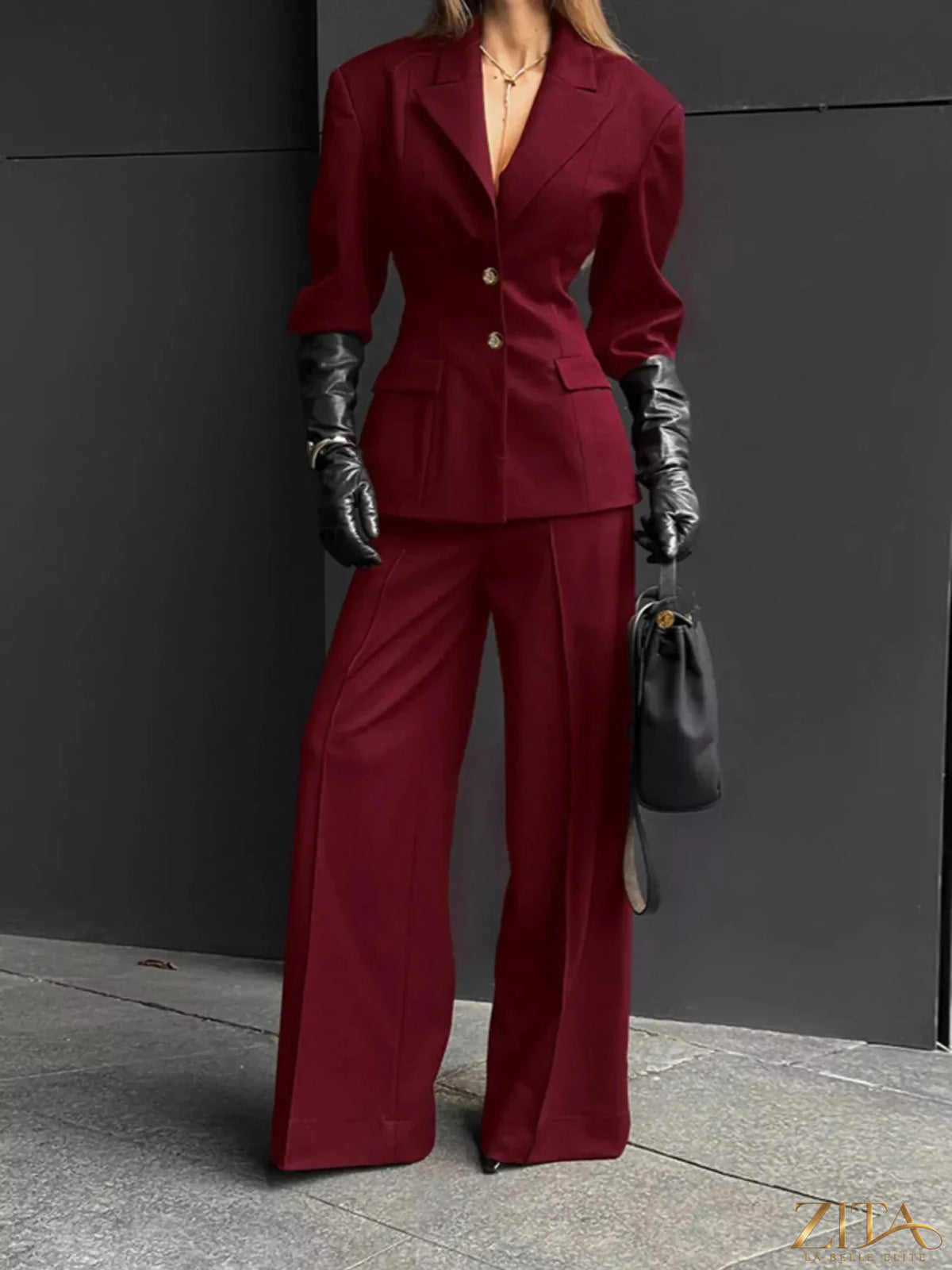 Zita La Belle Elite single-breasted blazer and wide-leg pants set displayed on a hanger, stylish formal outfit for women.